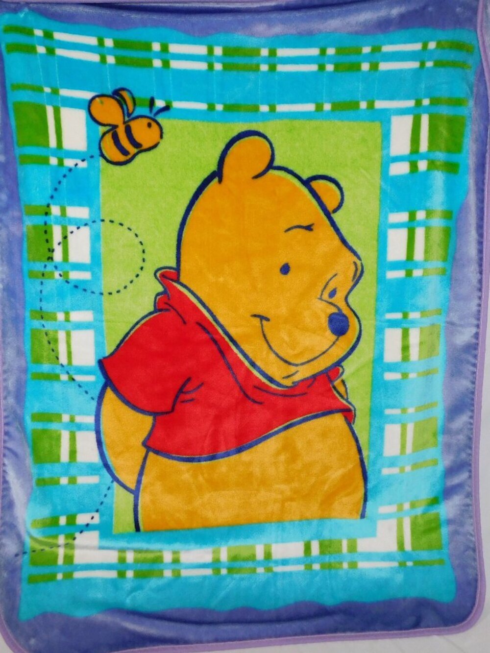 VTG Disney Winnie the Pooh Bumble Bee Fleece Plush Blanket 39" x 50" Plaid
